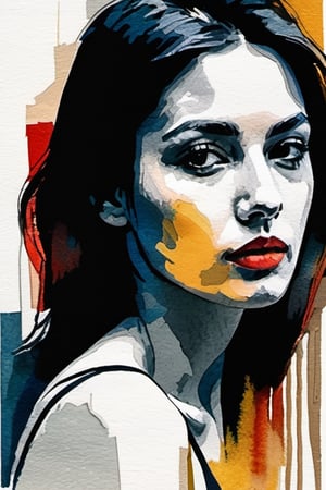 a drawing of a woman, portrait, lookin at the camera, colorful, hints of oil painting style, hints of watercolor style, brush strokes, negative white space, captivating beauty, crisp, sharp, textured collage, layered fibers, post-impressionist, hyper-realism, 