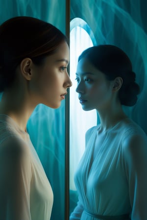 double exposure effect, woman facing mirror, eerie reflection in mirror, surreal imagery, mysterious aura, distorted reality, ethereal glow, soft shadows, otherworldly figure in reflection, psychological depth, introspective atmosphere, haunting beauty, abstract forms, translucent layers, dreamlike quality, visual metaphors, (masterpiece: 2), best quality, ultra highres, original, extremely detailed, perfect lighting, 