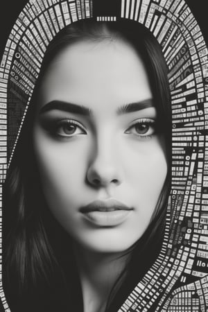 1girl,portrait composed of typographical elements,ASCII art aesthetic,monochrome,intricate details,creative use of letter shapes and negative space,high contrast,post-digital,