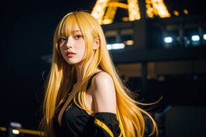 1girl,  long yellow hair, (bangs:1.2),  half body,  showcase,  Tokyo tower,  Night,  low key lighting,  dutch angle,  , FilmGirl, mggirl, Mecha body, dream_girl, xxmixgirl
