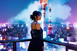 (1girl:1.5),half body, cyberpunk ,big_breasts,face to viewer, art by Agnes Cecile, by Jeremy Mann, 35mm, floating dust,more detail XL,,Vogue,aw0k euphoric style,Tokyo Tower,xxmixgirl,xxmix_girl