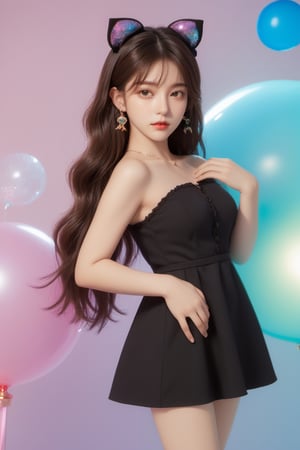 xxmixgirl ,1girl ,in a black dress posing for a picture, “uwu the prismatic person, kpop style colors, shot at night with studio lights, neck chains, inspired by Wang Yuanqi, brown hair with bangs,streaming on twitch, plastic doll, lisa, glamorous angewoman digimon
