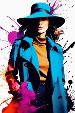 (ink color portrait:1.1), wanderer in a moody street portrait, a stylish determined woman in a trench coat and hat, (abstract color ink splash explosion:1.2)
