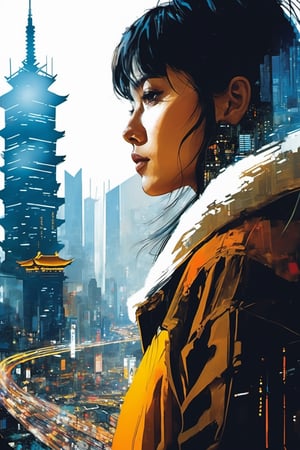(double_exposure:1.5), blade runner city and  close up face of 1girl, art by Ian McQue,cyberpunk city,fuzzy coat,Taipei 101,