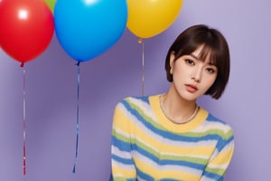 1 koera girl,Vogue style (magazine_cover:1.5) ,short hair,bangs,fashion outfit, portrait , colorfull ballon background , blue splash,xxmixgirl