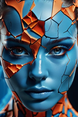 a close up of a person's face on a cracked surface, inspired by Alberto Seveso, featured on zbrush central, orange fire/blue ice duality!, portrait of an android, fractal human silhouette, red realistic 3 d render, blue and orange, subject made of cracked clay, woman, made of lava