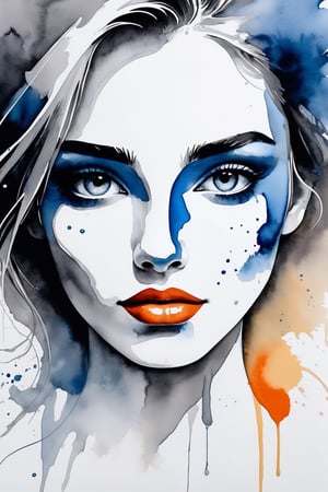 an abstract painting, a simple female abstract figure, in the style of Mikael Brandrup, watercolors, cinema, modern art, 4k.,Makeup,potcoll,High detailed ,monochrome,ink