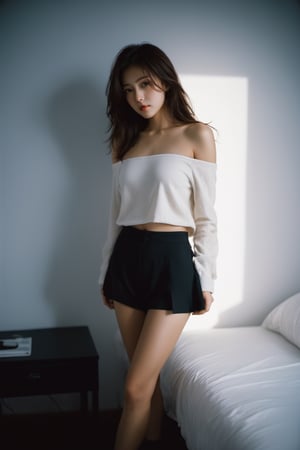 (from below:1.4). 27 year old girl, slim waist, tan lines, deep photo, depth of field, Superia 400, shadows, messy hair, perfect face and body, dark, nighttime, dark photo, grainy, seductive smirk, ((eyes closed)), korean girl, ,xxmixgirl,xxmix_girl