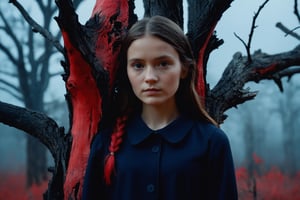 masterpiece, best quality, close up,girl standing under the dead tree, half body,black and red palette, eerie,