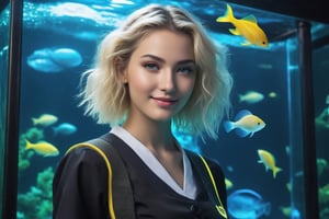 photo realistic, full color, (cyber punk:1.3, neon lighting, fractal illumination:1.23), dynamic posing, upper body from below, (OverallDetail:1.1), (floating glowing jellyfish and fish in the midnight aquarium:1.23), (a smiling exquisitely beautiful European actress enjoys in arch shaped glass corridor of a midnight aquarium and wearing half-sleeves school uniform :1.23), abs waist, blonde color Low bun, (fair skin:1.1), (slim face:1.1), (yellow eyes clear eyes:1.1, symmetrical eyes), long nose.,