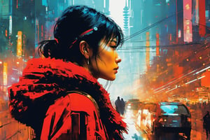 (double_exposure:1.5), blade runner city and  close up face of 1girl, art by Ian McQue,cyberpunk city,red fuzzy coat,Taipei 101,
