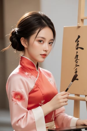 xxmixgirl ,1girl dressed in a qipao using a brush to create beautiful calligraphy and painting