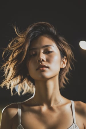 (from below:1.4). 27 year old girl, slim waist, tan lines, deep photo, depth of field, Superia 400, shadows, messy hair, perfect face and body, dark, nighttime, dark photo, grainy, seductive smirk, ((eyes closed)), korean girl, ,xxmixgirl,xxmix_girl