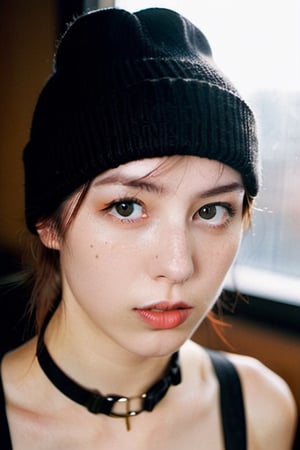 xxmixgirl,Thorough, analog style, eye focus, highest quality, (highly detailed skin), photo of a exquisitely beautiful pale skin punk Dutch girl, 21yo, (wearing harness, and beanie), perfect face, alluring eyes, [seductive makeup], skin pores, (piercing:0.5), indoor, messy bedroom, (bokeh:0.6), sharp focus, dappled lighting, (backlighting:0.7), film grain, photographed on a Sony A7R IV, 18mm F/1.7 cine lens, (highly detailed, intricately detailed), 8k, HDR, seductively posing, front view, (uppper body:0.9)