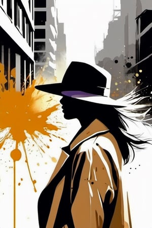 (ink color portrait:1.1), wanderer in a moody street portrait, a stylish determined woman in a trench coat and hat, (abstract color ink splash explosion:1.2)