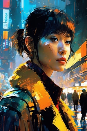 double exposure, blade runner city and  close up face of 1girl, art by Ian McQue,cyberpunk city,fuzzy coat,Taipei 101,