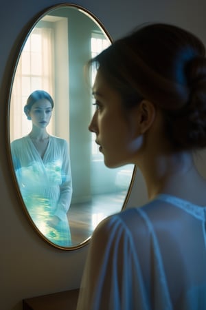 double exposure effect, woman facing mirror, eerie reflection in mirror, surreal imagery, mysterious aura, distorted reality, ethereal glow, soft shadows, otherworldly figure in reflection, psychological depth, introspective atmosphere, haunting beauty, abstract forms, translucent layers, dreamlike quality, visual metaphors, (masterpiece: 2), best quality, ultra highres, original, extremely detailed, perfect lighting, 