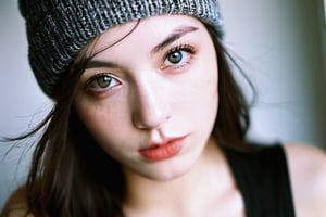 xxmixgirl,Thorough, analog style, eye focus, highest quality, (highly detailed skin), photo of a exquisitely beautiful pale skin punk Dutch girl, 21yo, (wearing harness, and beanie), perfect face, alluring eyes, [seductive makeup], skin pores, (piercing:0.5), indoor, messy bedroom, (bokeh:0.6), sharp focus, dappled lighting, (backlighting:0.7), film grain, photographed on a Sony A7R IV, 18mm F/1.7 cine lens, (highly detailed, intricately detailed), 8k, HDR, seductively posing, front view, (uppper body:0.9)