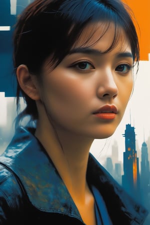 double exposure, blade runner city and  close up face of 1girl, art by Ian McQue