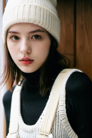 xxmixgirl,Thorough, analog style, eye focus, highest quality, (highly detailed skin), photo of a exquisitely beautiful pale skin punk Dutch girl, 21yo, (wearing harness, and beanie), perfect face, alluring eyes, [seductive makeup], skin pores, (piercing:0.5), indoor, messy bedroom, (bokeh:0.6), sharp focus, dappled lighting, (backlighting:0.7), film grain, photographed on a Sony A7R IV, 18mm F/1.7 cine lens, (highly detailed, intricately detailed), 8k, HDR, seductively posing, front view, (uppper body:0.9)