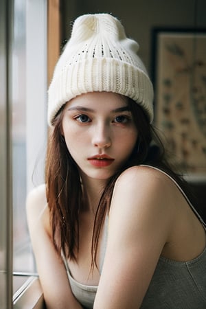 xxmixgirl,Thorough, analog style, eye focus, highest quality, (highly detailed skin), photo of a exquisitely beautiful pale skin punk Dutch girl, 21yo, (wearing harness, and beanie), perfect face, alluring eyes, [seductive makeup], skin pores, (piercing:0.5), indoor, messy bedroom, (bokeh:0.6), sharp focus, dappled lighting, (backlighting:0.7), film grain, photographed on a Sony A7R IV, 18mm F/1.7 cine lens, (highly detailed, intricately detailed), 8k, HDR, seductively posing, front view, (uppper body:0.9),FilmGirl