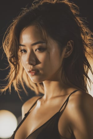 (from below:1.4). 27 year old girl, slim waist, tan lines, deep photo, depth of field, Superia 400, shadows, messy hair, perfect face and body, dark, nighttime, dark photo, grainy, seductive smirk, ((eyes closed)), korean girl, ,xxmixgirl,xxmix_girl