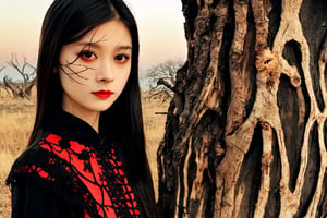 masterpiece, best quality, close up,girl standing under the dead tree, half body,black and red palette, eerie,mggirl