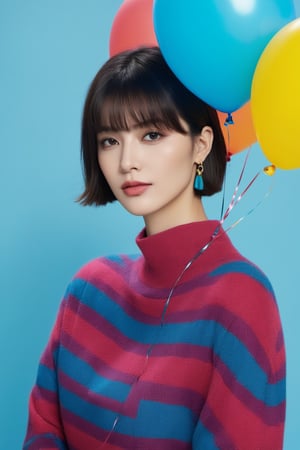 1 koera girl,Vogue style (magazine_cover:1.5) ,short hair,bangs,fashion outfit, portrait , colorfull ballon background , blue splash,xxmixgirl