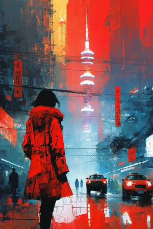 (double_exposure:1.5), blade runner city and  close up face of 1girl, art by Ian McQue,cyberpunk city,red fuzzy coat,Taipei 101,