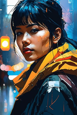 (double_exposure:1.5), blade runner city and  close up face of 1girl, art by Ian McQue,cyberpunk city,fuzzy coat,Taipei 101,