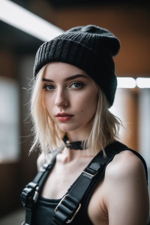 Thorough, analog style, eye focus, highest quality, (highly detailed skin), photo of a exquisitely beautiful pale skin punk Dutch girl, 21yo, (wearing harness, and beanie), perfect face, alluring eyes, [seductive makeup], skin pores, (piercing:0.5), indoor, messy bedroom, (bokeh:0.6), sharp focus, dappled lighting, (backlighting:0.7), film grain, photographed on a Sony A7R IV, 18mm F/1.7 cine lens, (highly detailed, intricately detailed), 8k, HDR, seductively posing, front view, (uppper body:0.9)