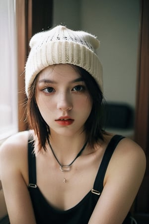 xxmixgirl,Thorough, analog style, eye focus, highest quality, (highly detailed skin), photo of a exquisitely beautiful pale skin punk Dutch girl, 21yo, (wearing harness, and beanie), perfect face, alluring eyes, [seductive makeup], skin pores, (piercing:0.5), indoor, messy bedroom, (bokeh:0.6), sharp focus, dappled lighting, (backlighting:0.7), film grain, photographed on a Sony A7R IV, 18mm F/1.7 cine lens, (highly detailed, intricately detailed), 8k, HDR, seductively posing, front view, (uppper body:0.9),FilmGirl