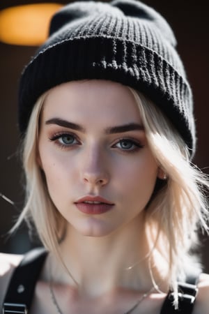 Thorough, analog style, eye focus, highest quality, (highly detailed skin), photo of a exquisitely beautiful pale skin punk Dutch girl, 21yo, (wearing harness, and beanie), perfect face, alluring eyes, [seductive makeup], skin pores, (piercing:0.5), indoor, messy bedroom, (bokeh:0.6), sharp focus, dappled lighting, (backlighting:0.7), film grain, photographed on a Sony A7R IV, 18mm F/1.7 cine lens, (highly detailed, intricately detailed), 8k, HDR, seductively posing, front view, (uppper body:0.9)