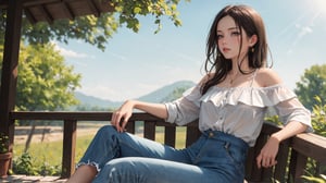 ((masterpiece, best quality, detailed)),(solo),beautiful and aesthetic, hires, bokeh, depth of field, HDR,
1girl, Off-the-shoulder blouse, high-waisted pants, and loafers, posing for a picture, professional photoshoot,A girl against a backdrop of rural scenery, bathed in the bright sunlight of the outdoors