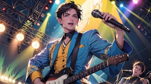 ((masterpiece)),((best quality)),an artwork of a male singer performing at a concert, dressed in a blue spectacular performance attire, holding a microphone and waving,looking at viewer,depth of field