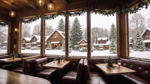 realistic,photograph,Create an image of a charming coffee shop with a window revealing a serene snowy scene. The cozy interior is adorned with festive Christmas and New Year decorations, adding to the warmth of the setting. The image is crafted with intricate details, realistic colors, and comforting lighting