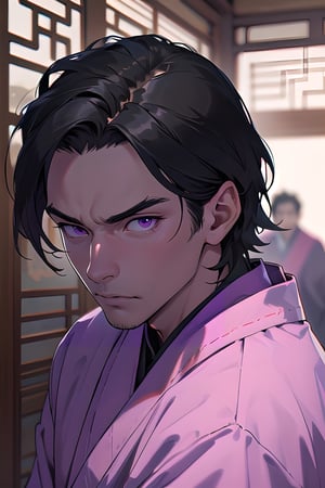 Official figure in purple robe, inside Chinese palace, figure in purple robe,old male,short hair,solo, black hair,terror and fear looking, fine facial lines and contours, detailed facial expression close-up, masterpiece, best quality, East Asian architecture, detailed eyes, depth of field