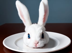(High quality), (High detail), High quality, white bunny, fluffy, blue eyes, lying on the plate, innocent, movie-like atmosphere, high chroma, perfect light
