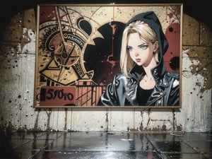 18 year old female, blonde hair, expressive eyes, black jacket, attitude, pictorialism, dystopia, 80s, 80s theater animation chiaroscuro, surrealism, gritty background, grunge graffiti wall in the background, bass, cinematic look