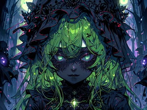 (masterpiece, best quality, highres:1.3), ultra resolution image, (1girl), female, (solo), green hair, eyes glinting, eerie charm, gothic, (spectral chic:1.4), cryptic, labyrinthine cemetery, gothic arches, elegance, (necropolis:1.5),glitter, ohterworldly energy, green wisps, undead maiden, moonlit paradise,  (mystic tranquility:1.3), realm of the decease, chaosmix