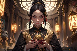 (High quality), (Beautiful composition), (Exquisite facial features), 35-year-old woman, black hair, fangs, thin waist, charming smile, evil aura, Chinese god costumes, greedy devil, sacred light, malice, Gold coins, banknotes, gold, valuables, temptation, luxurious hell, helpless ghost behind, movie-like atmosphere, perfect light, special perspective