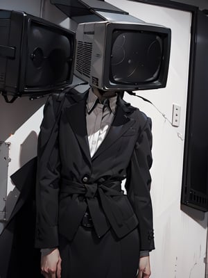(Exquisite picture), female, black old TV head, close-fitting black suit, thin waist, scary space, location funeral parlor, floating undead, awakening zombies, movie-like composition,1 girl