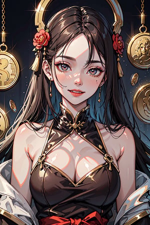 (High quality), (Beautiful composition), (Exquisite facial features), 35-year-old woman, black hair color, thin waist, charming smile, evil aura, Chinese god costume, greedy devil, gold coins, banknotes, agate, valuables, Temptation, luxurious hell, helpless ghost behind, movie-like atmosphere, perfect light