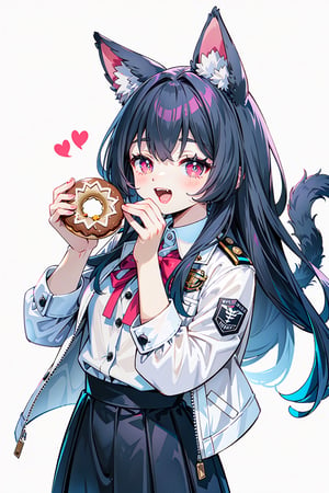 (Masterpiece, best quality, high resolution: 1.3), super resolution image, beautiful hands, perfect anatomy, human, single, 1 person, 16 year old female, furry, animals, cat, cat girl, pink Tender skin, human hands, cat tail, cat ears, sharp, handsome, aggressive, naughty, fangs, tall, ((black hair)), proud, parted in the middle, medium long hair, golden eyes, ((dark) Pupils)), A cup, thin waist, female, ((holding a rabbit-shaped donut with one hand)), rabbit donut, ((white shirt)), ((student uniform) )), ((uniform jacket) ), (student skirt), white background, FurryCore,nj5furry