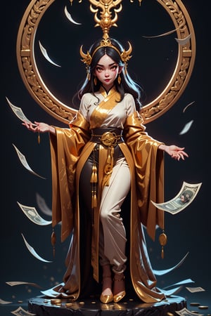 (High quality), (Beautiful composition), (Exquisite facial features), (Full body), 35-year-old female, black hair, fangs, thin waist, confident, white skin, charming smile, evil aura, Chinese god costume, Greedy demon, divine light, malevolence, gold coins, banknotes, gold, valuables, temptation, luxury hell, helpless ghost behind, fearful atmosphere, tilt, cinematic atmosphere, perfect light, special perspective