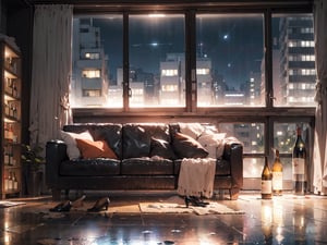 (Masterpiece), (High quality, top quality: 1.5), (no one), (no one, 0 people), home scene, cloth sofa, wine bottles, scattered high heels, ((late night, night)), ( Located in a high-rise building), urban feel, no lights, low light, beautiful floor-to-ceiling glass windows, excellent composition, movie scene, romantic atmosphere, perfect