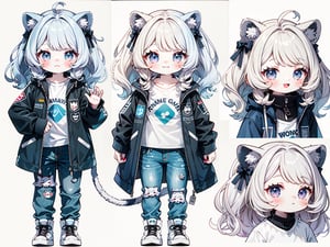 (Masterpiece, best quality, high resolution: 1.3), super resolution image, beautiful hand, perfect anatomy, human, five fingers, single person, (single person), (only 1 person), (head Twice the body), cute body shape, standing, (((whole body))), 4-year-old girl, furry, animal, lion, lion girl, white skin, human hands, lion tail, lion ears, intellectual, Cute shy, introverted, blond hair, smile, side parted, long curly hair, blue eyes, female, ((shirt)), ((casual jacket)), (jeans), white background, FurryCore,nj5furry