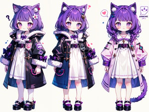 (Masterpiece, best quality, high resolution: 1.3), super resolution image, beautiful hand, perfect anatomy, human, five fingers, single person, (single person), (only 1 person), (head Twice the body), cute body shape, standing, (((whole body))), 4-year-old girl, furry, animal, cat, cat girl, white with pink skin, human hands, cat tail, cat Ears, innocent, cute, soft, dark purple hair, coquettish, flat bangs, long straight hair, purple pupils, female, ((coat)), erotic atmosphere, pointing at the camera, ((little dress)), white background, FurryCore,nj5furry