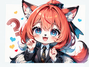 (Masterpiece, best quality, high resolution: 1.3), super resolution image, beautiful hands, perfect anatomy, human, single person, (single person), (only 1 person), (head twice as long as body ), cute body shape, 4-year-old girl, furry, animal, wolf, wolf girl, white skin, human hands, wolf tail, wolf ears, handsome, aggressive, offensive, cute temperament, mischief, wolf teeth, Gritting teeth, showing teeth, evil smile, ((red hair)), middle part, high ponytail, ((green pupils)), female suit, ((shirt)), ((black gold tie)), (black suit) ,office worker,((white background)),FurryCore,nj5furry,qzqban, chibi,guchen,bqb,masterpiece, 1girl