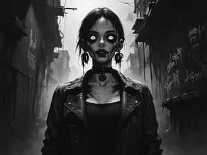 score_9, score_8_up, score_7_up,
txzndevil, horror \(theme\), monochrome, greyscale, 
1girl, solo,  earrings, sharp eyes, choker, open jacket,night, graffiti, dim lighting, alley, looking at viewer